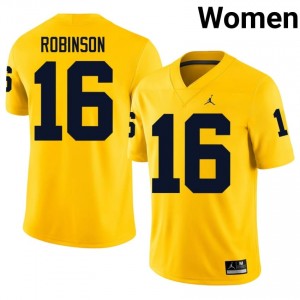 Officially Licensed Denard Robinson #16 Michigan Maize Jersey | Women University Football Embroidery Fan Gear 34876659