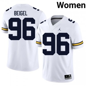 Wolverines Manuel Beigel #96 White Jersey | Genuine Stitched NCAA Football Women Apparel 62592468